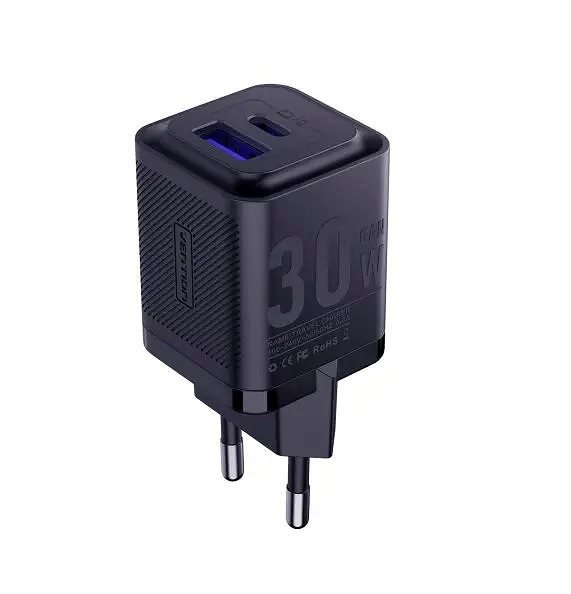 Töltő adapter Vention 2-Port USB (C + A) GaN Charger (30 W/30 W) EU-Plug, fekete ...