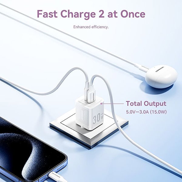 Wall Charger Vention 2-Port USB (C+A) GaN Charger (30W/30W) EU-Plug White ...
