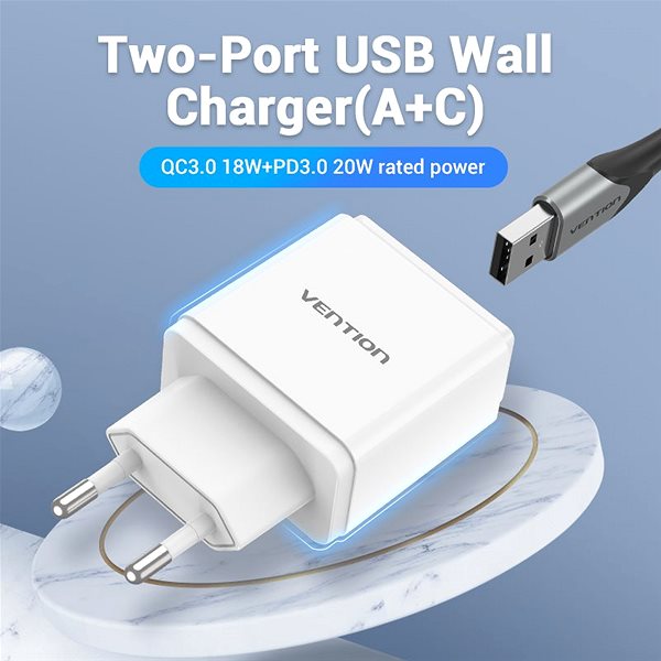 Hálózati adapter Vention USB-A Quick 3.0 18W + USB-C PD 20W Wall Charger White Jellemzők/technológia