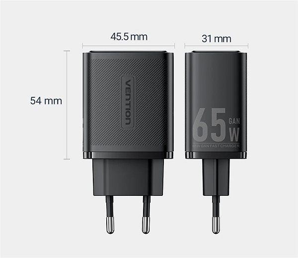 Töltő adapter Vention 3-Port USB (C + C + A) GaN Charger (65W/65W/30W) EU-Plug Black ...