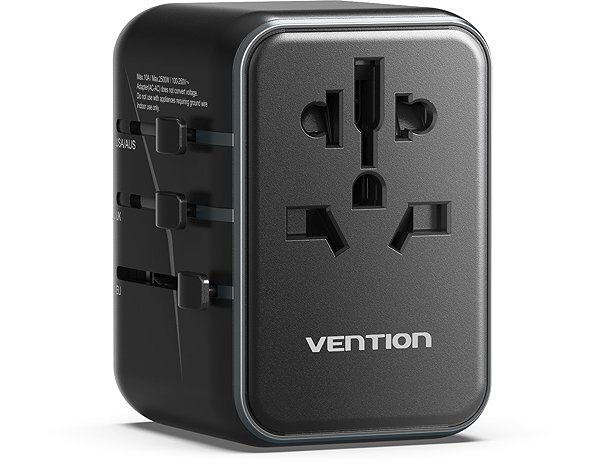 AC Adapter Vention 3-Port USB (C+A+A) Universal Travel Adapter (20W/18W/18W) Black ...