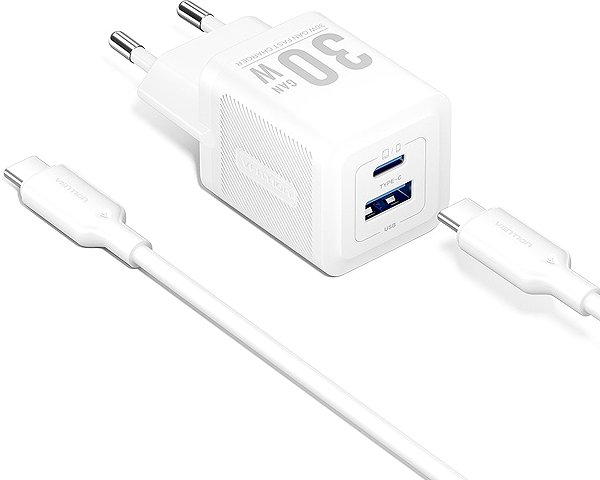 Wall Charger Vention 2-Port USB (C + A) GaN Charger (30W/30W) with USB-C to USB-C Cable (1M) EU-Plug White ...