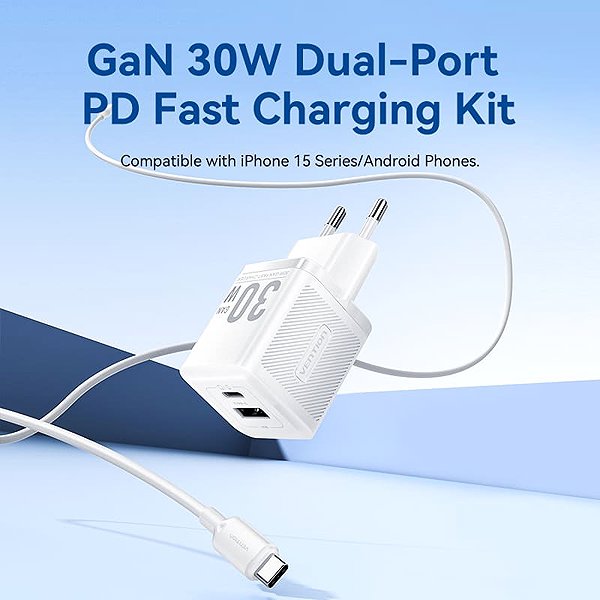 Wall Charger Vention 2-Port USB (C + A) GaN Charger (30W/30W) with USB-C to USB-C Cable (1M) EU-Plug White ...