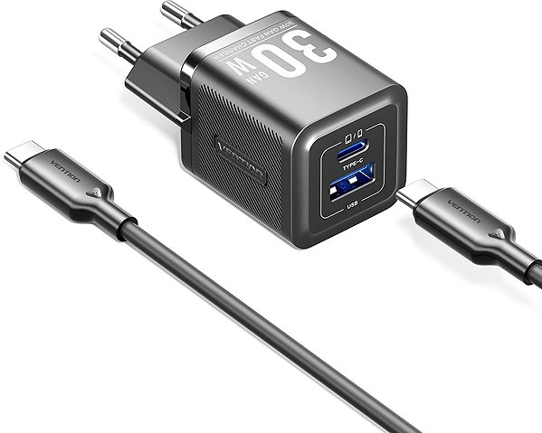 Wall Charger Vention 2-Port USB (C + A) GaN Charger (30W/30W) with USB-C to USB-C Cable (1M) EU-Plug Black ...