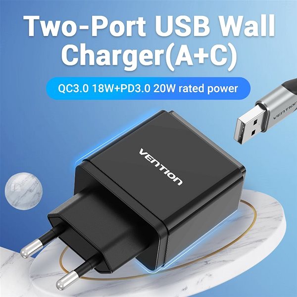 AC Adapter Vention USB-A Quick 3.0 18W + USB-C PD 20W Wall Charger Black Features/technology