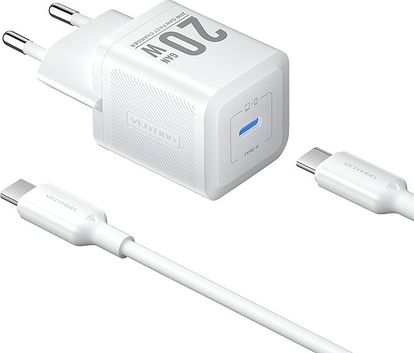 Wall Charger Vention 1-Port USB-C GaN Charger (20W) with USB-C to USB-C Cable (1M) EU-Plug White ...