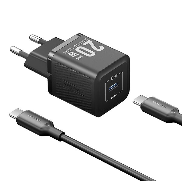 Wall Charger Vention 1-Port USB-C GaN Charger (20W) with USB-C to USB-C Cable (1M) EU-Plug Black ...