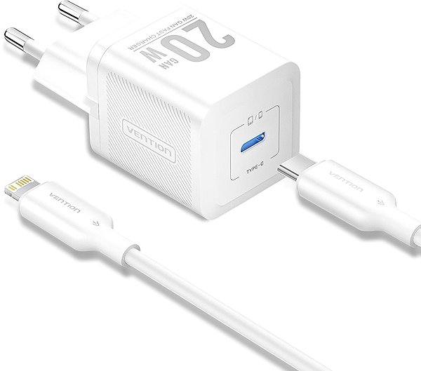 Wall Charger Vention 1-Port USB-C GaN Charger (20W) with USB-C to Lightning Cable (1M) EU-Plug White ...