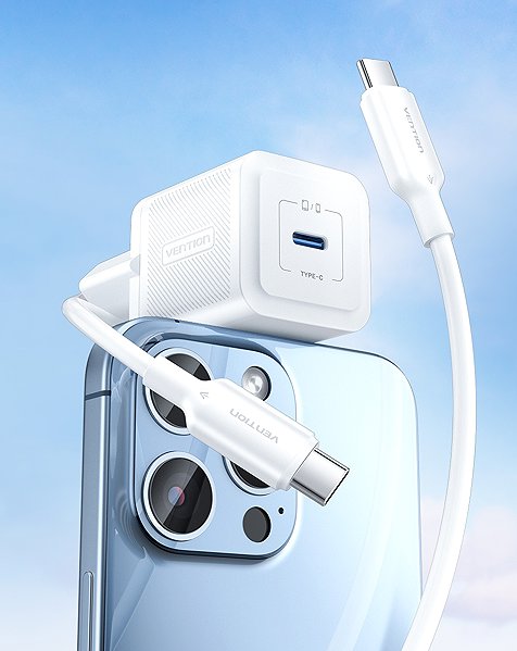 Wall Charger Vention 1-Port USB-C GaN Charger (20W) with USB-C to Lightning Cable (1M) EU-Plug White ...
