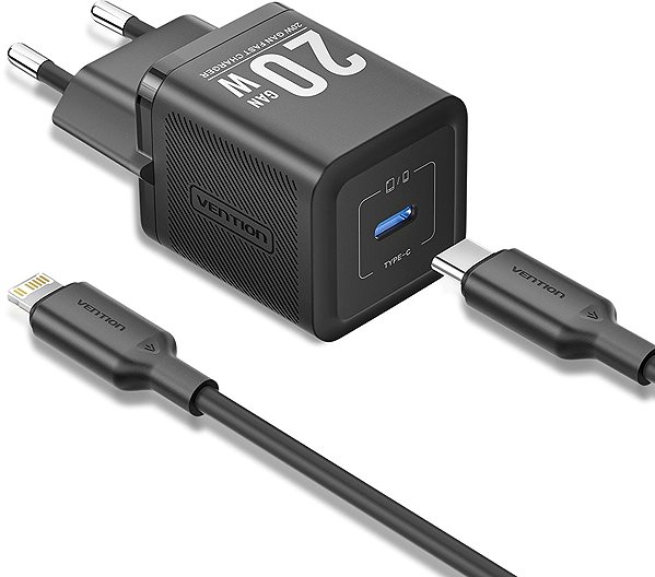 Wall Charger Vention 1-Port USB-C GaN Charger (20W) with USB-C to Lightning Cable (1M) EU-Plug Black ...