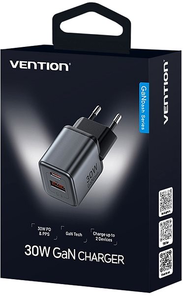 Töltő adapter Vention 2-Port USB (C + A) GaN Charger (30W/18W) EU-Plug Gray ...