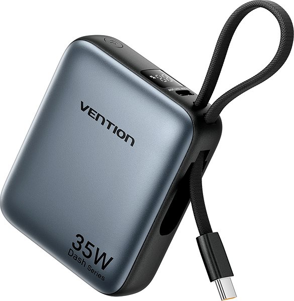 Power Bank Vention 10000mAh Mini Power Bank (USB-C + USB-C) with Built-in USB-C Cable 35W Gray ...