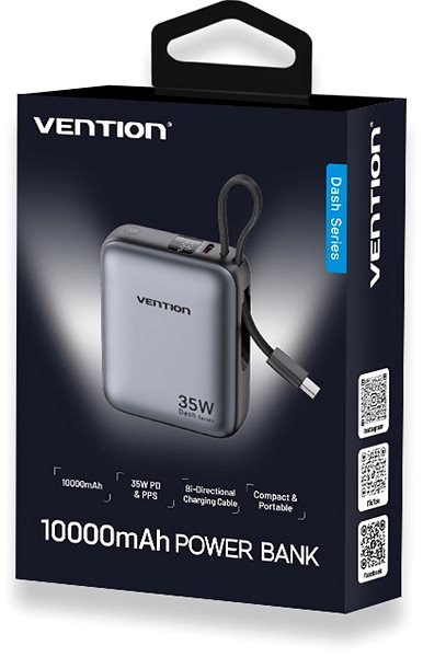 Power Bank Vention 10000mAh Mini Power Bank (USB-C + USB-C) with Built-in USB-C Cable 35W Gray ...