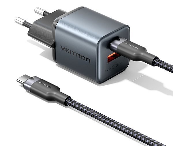 AC Adapter Vention 2-Port USB (C + A) GaN Charger (30W/18W) Gray with USB-C to USB-C Cable (1M) Black EU-Plug ...
