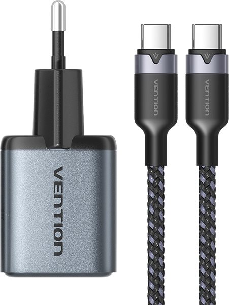 AC Adapter Vention 2-Port USB (C + A) GaN Charger (30W/18W) Gray with USB-C to USB-C Cable (1M) Black EU-Plug ...
