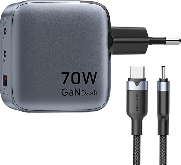 AC Adapter Vention 3-Port USB (C+C+A) GaN Charger (70W/70W/22.5W) Gray with USB-C to USB-C Cable (1M) Black ...