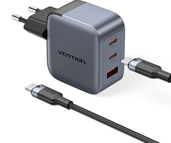 AC Adapter Vention 3-Port USB (C+C+A) GaN Charger (70W/70W/22.5W) Gray with USB-C to USB-C Cable (1M) Black ...