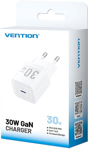 Wall Charger Vention 1-Port USB-C GaN Charger (30W) EU-Plug White ...