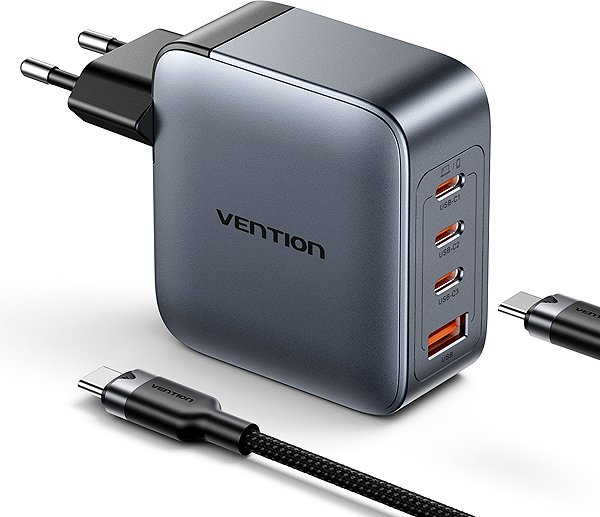 Wall Charger Vention 4-Port USB (C+C+C+A) GaN Charger (100W/100W/30W/30W/30W) Gray with USB-C to USB-C Cable (1 ...