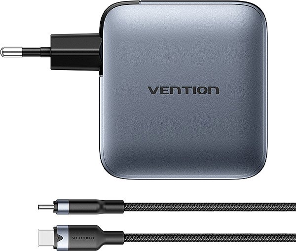 Wall Charger Vention 4-Port USB (C+C+C+A) GaN Charger (100W/100W/30W/30W/30W) Gray with USB-C to USB-C Cable (1 ...