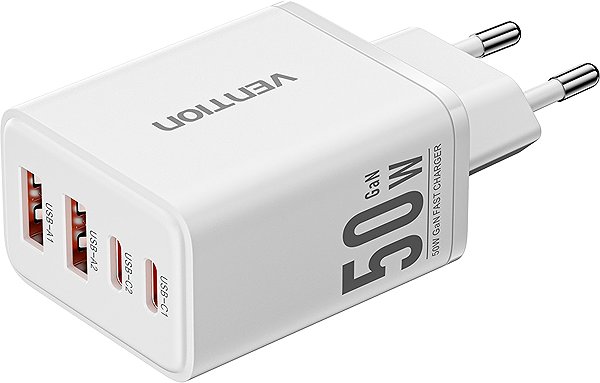 Wall Charger Vention 4-Port USB (C+C+A+A) GaN Charger (30W/20W/18W/18W) EU-Plug White ...