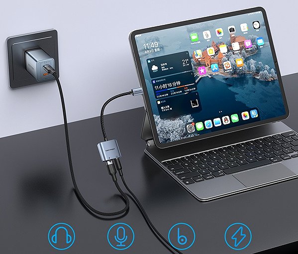 Adapter Vention Cotton Braided USB-C Male to 3.5mm Female Audio Digital Signal Converter PD 60W 0.1M Gray ...