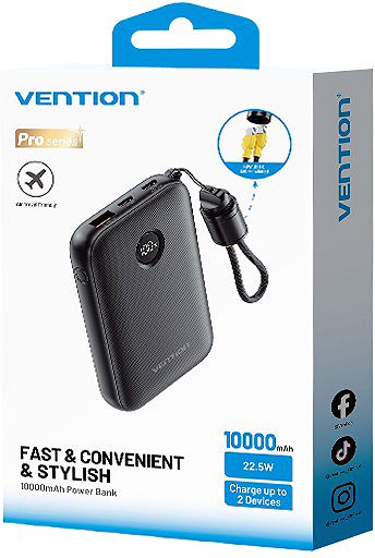 Power Bank Vention 10000mAh Power Bank (USB-C + USB-C/USB-C/USB-A) 22.5W Black ...