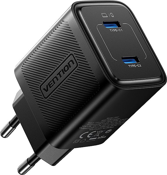 Wall Charger Vention 2-Port USB (C+C) GaN Charger (45W/45W) EU-Plug Black ...