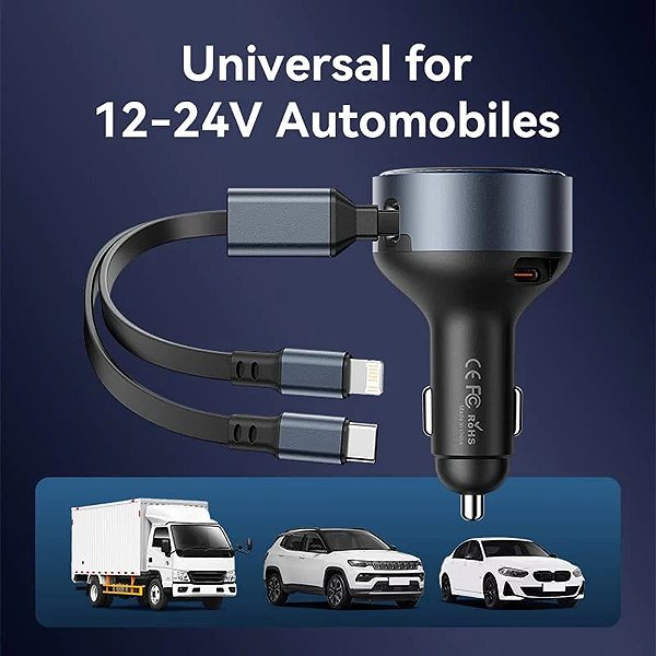 Car Charger Vention Three-Port USB-C + USB-C/Lightning (30W + 30W/27W) Car Charger with Built-In Cable Black ...