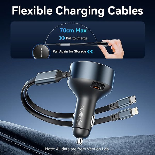Car Charger Vention Three-Port USB-C + USB-C/Lightning (30W + 30W/27W) Car Charger with Built-In Cable Black ...