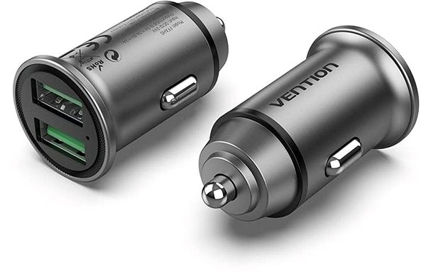 Auto-Ladegerät Vention Zwei-Port USB A+A(18/18) Auto-Ladegerät Grau Mini Style Aluminium Legierung Typ Seitlicher Anblick
