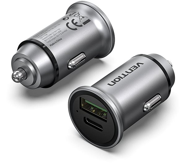 Auto-Ladegerät Vention Zwei-Port USB A+C (18W/20W) Autoladegerät Grau Mini Style Aluminium Legierung Typ Seitlicher Anblick