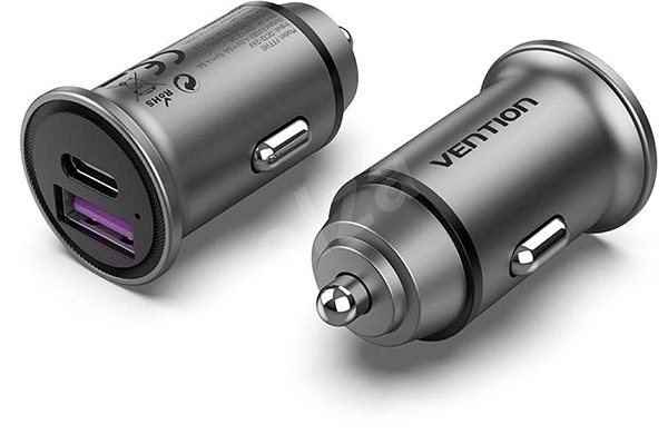 Auto-Ladegerät Vention Zwei-Port USB A+C (30W/30W) Autoladegerät Grau Mini Style Aluminium Legierung Typ Seitlicher Anblick