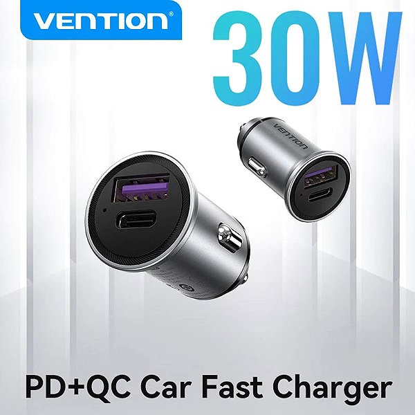 Auto-Ladegerät Vention Zwei-Port USB A+C (30W/30W) Autoladegerät Grau Mini Style Aluminium Legierung Typ ...