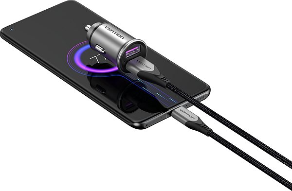 Car Charger Vention Two-Port USB A+A (30W/30W) Car Charger Gray Mini Style Aluminium Alloy Type Connectivity (ports)