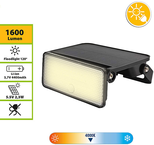 LED Reflector VELAMP solar powered spotlight SL363, with motion sensor, 1600 lm ...
