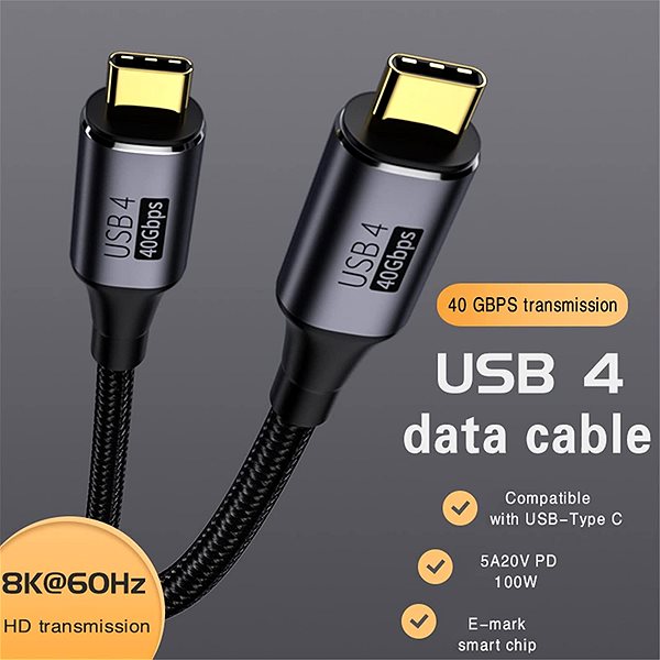 Adatkábel PremiumCord USB4™ Gen 3x2 40Gbps 8K@60Hz 240W Thunderbolt 3, 0,8 m ...