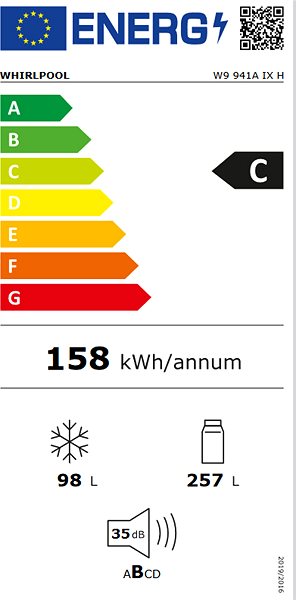 Hűtőszekrény WHIRLPOOL W9 941A IX H Energia címke