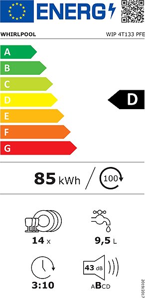 Beépíthető mosogatógép WHIRLPOOL WIP 4T133 PFE Energia címke