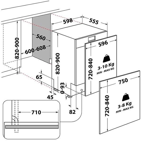 WHIRLPOOL WH8IA15AM3TUS0 integrated dishwasher technical drawing
