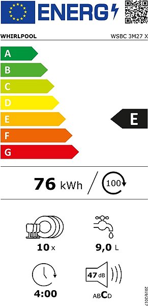 WHIRLPOOL WSBC 3M27 X integrated dishwasher energy label