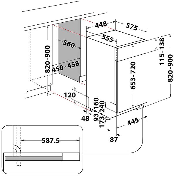 WHIRLPOOL WSBC 3M27 X integrated dishwasher technical drawing