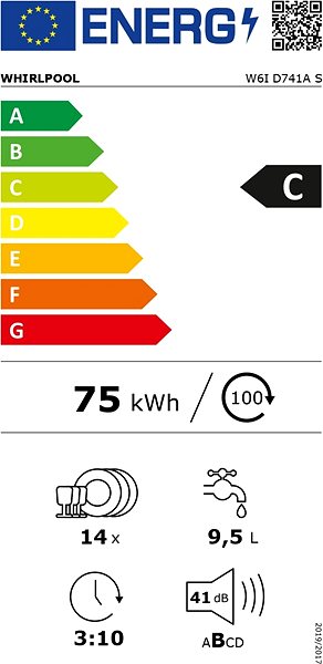 Umývačka riadu WHIRLPOOL W6I D741A S Energetický štítok