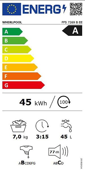Washing Machine WHIRLPOOL FFS 7269 B EE Energy label