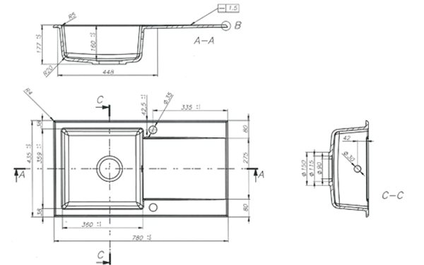 Granite Sink MARMORIN Ervil 780.0E, Sand Technical draft