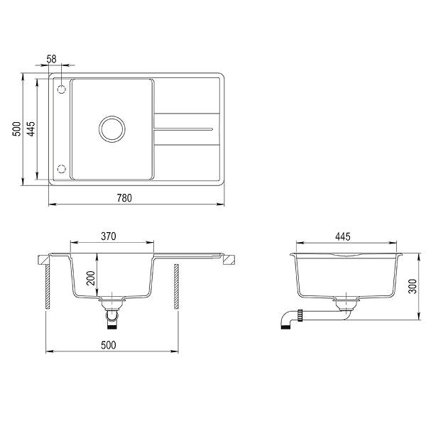 Granite Sink AQUASANITA Bella 780.0E, Beige Technical draft