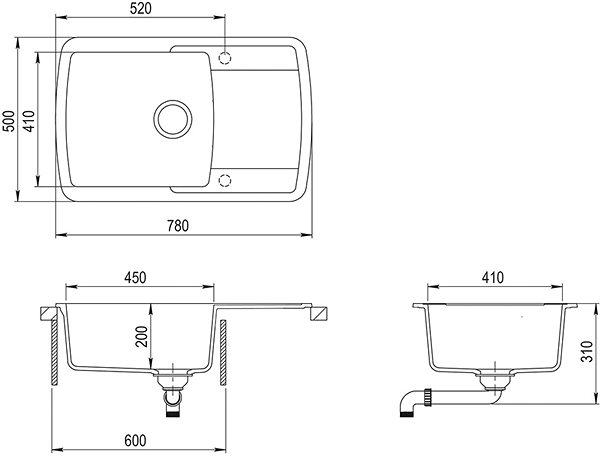 Granite Sink AQUASANITA Lira 780.0E Alba Technical draft