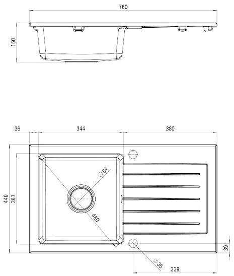 Granite Sink DEANTE Zorba 760.0E Alabastr Technical draft