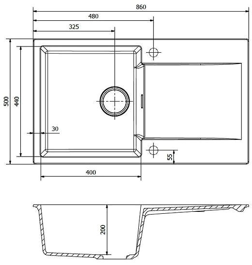 Granite Sink REGINOX Amsterdam 860.0 Black Technical draft