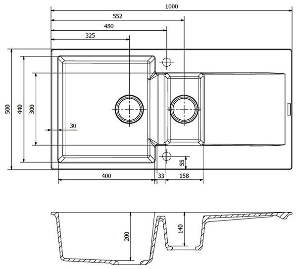 Granite Sink REGINOX Amsterdam 1000.10 Caffe Technical draft